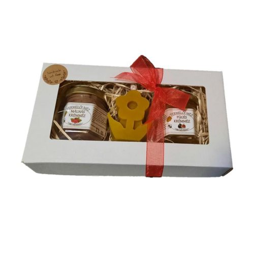 2x50 g ízesített méz, virág gyertyával, fehér karton díszdobozban, szalaggal