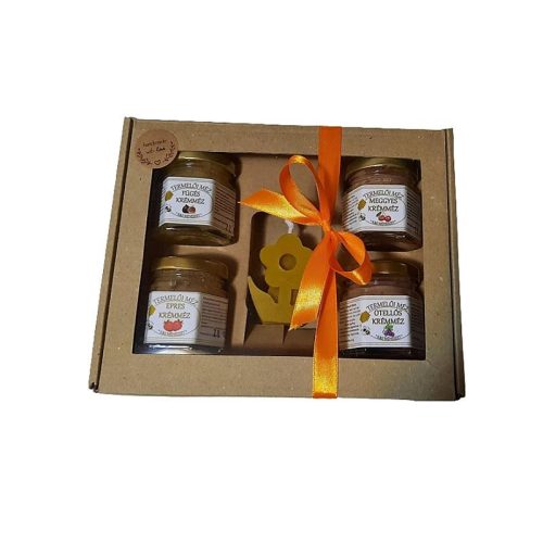 4x50 g ízesített méz, virág gyertyával, barna karton díszdobozban, szalaggal